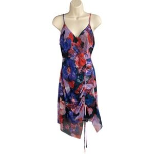 BCBGMAXAZRIA Y2k Midi Dress Womens Size 6 Mesh Floral Asymmetric Dark Romantic